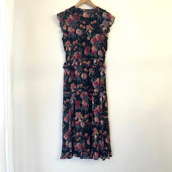 Paige Paradis 100% Silk Ruffle Floral Midi Dress M Dark Romantic Wedding Guest - Picture 7 of 13